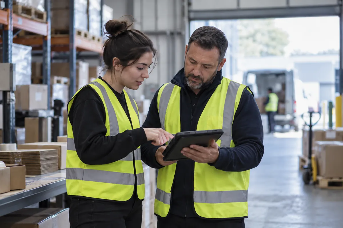 Engineer and warehouse supervisor reviewing a tablet on the floor