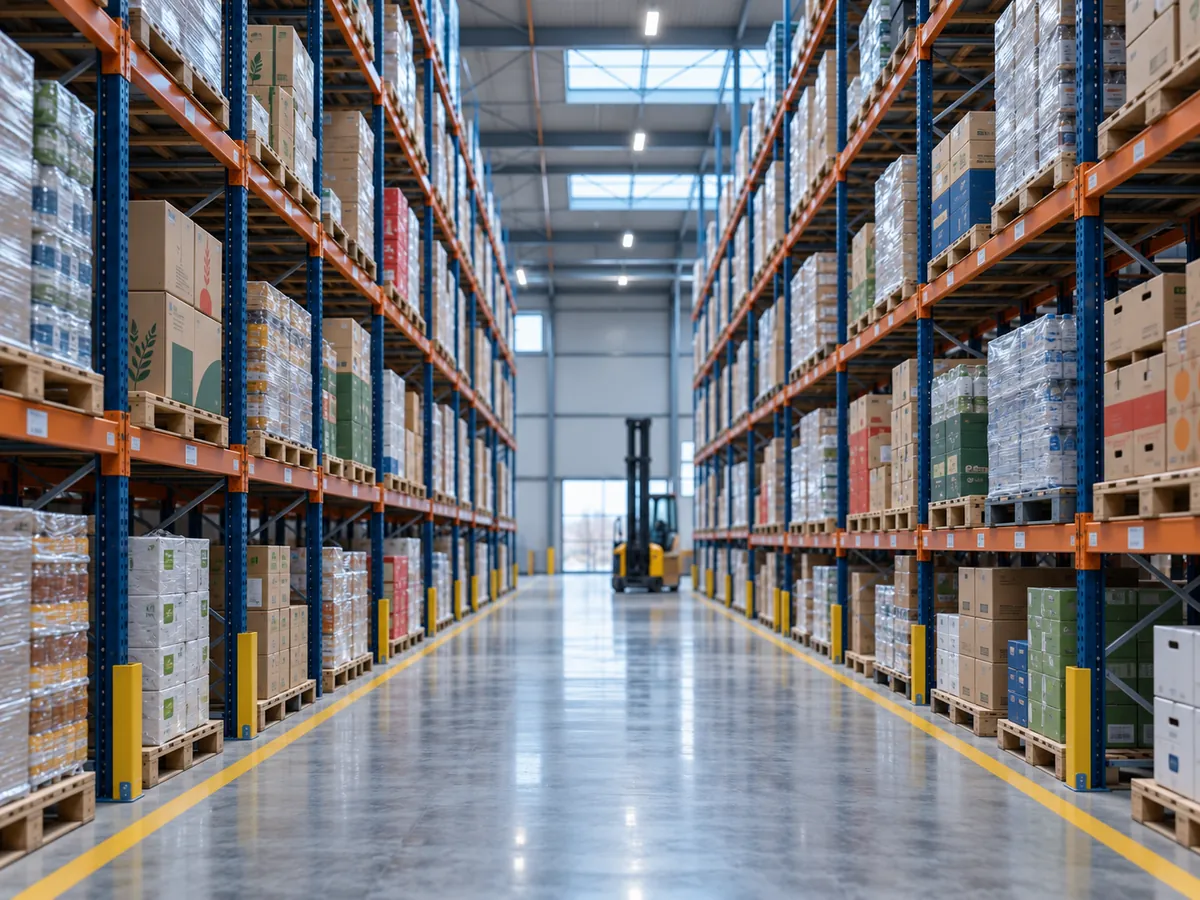 Warehouse aisle with racked pallets
